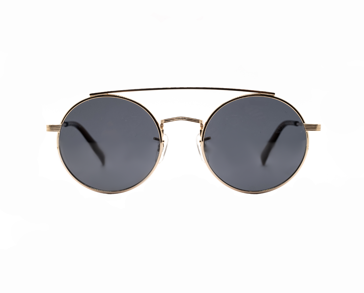 Black sunglasses store with gold bar